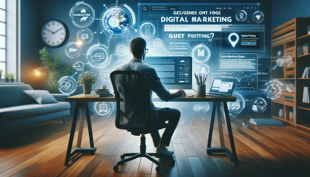 An individual researching digital marketing blogs for guest posting opportunities, surrounded by analytics and marketing tools, highlighting a strategic approach to digital engagement.